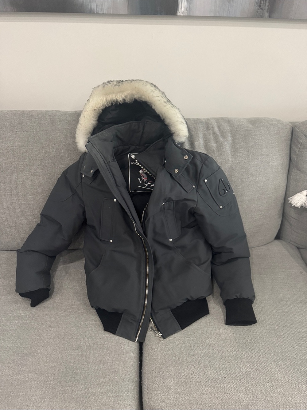 Moose Knuckles Men's Dark Gray Hooded Puffer with Fur-Trim Hood